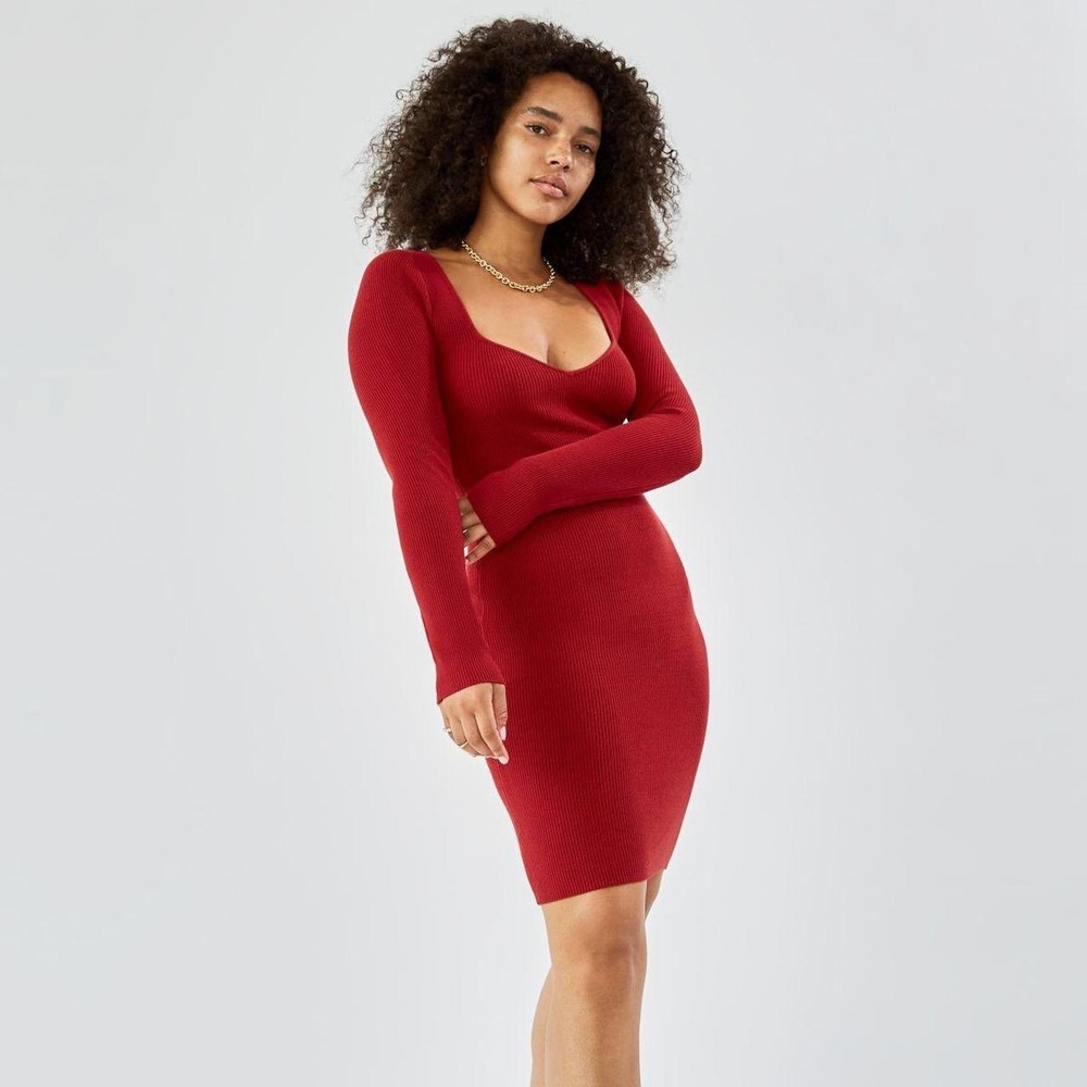 NWT Aritzia Wilfred Tuscany Ribbed Knit Sweetheart Mini Dress Crimson Red L
